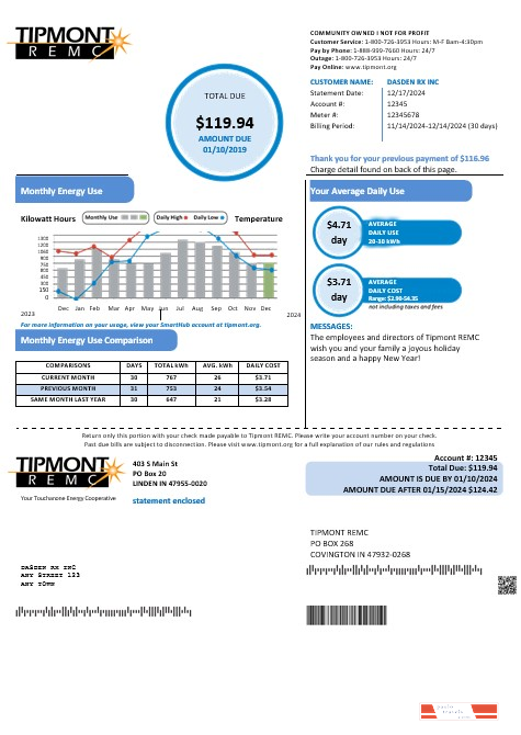 USA Indiana Tipmont business utility bill template in Word and PDF formats